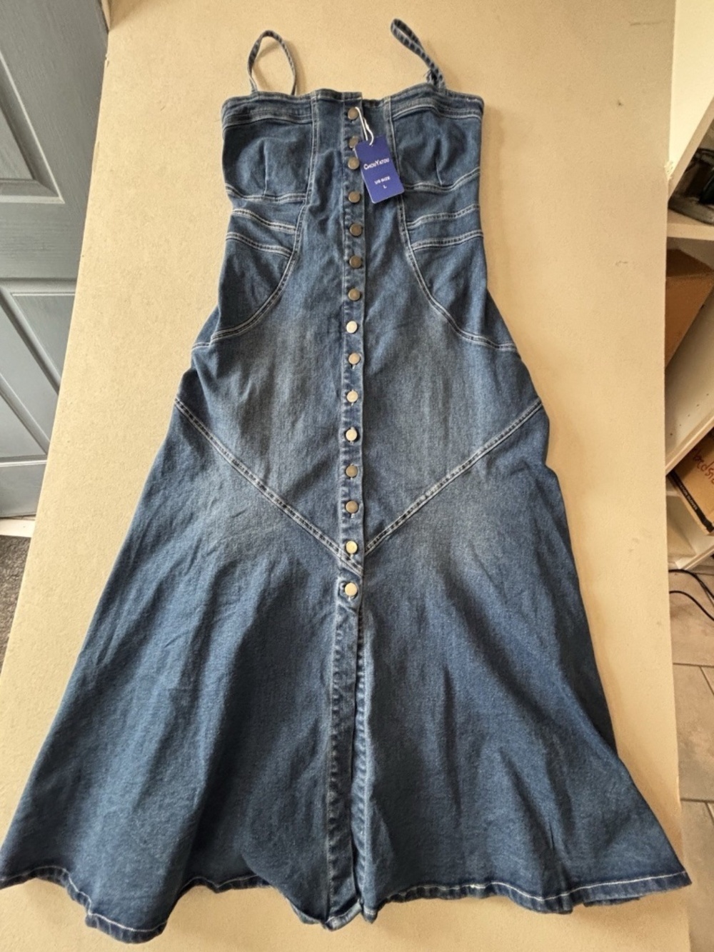 Chouyatou Denim Dress Women’s L Button Front A-Line Midi Blue Jeans Dress